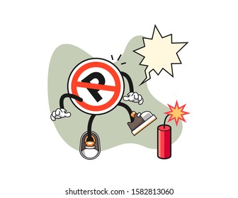 No parking sign get surprise firecrackers with speech bubble cartoon. Mascot Character vector.