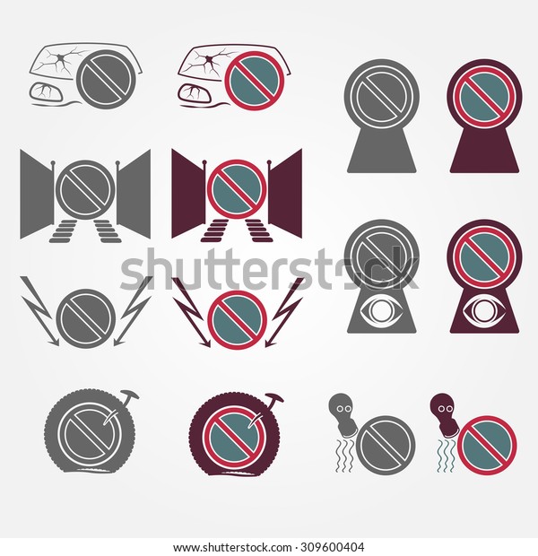 No parking sign icons set.\
Vector tire with nail, broken car window, parking prohibition\
symbols.