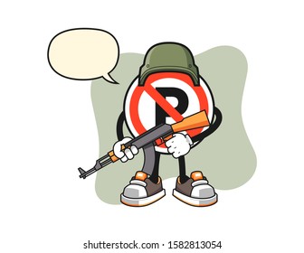 No parking sign soldier with speech bubble cartoon. Mascot Character vector.