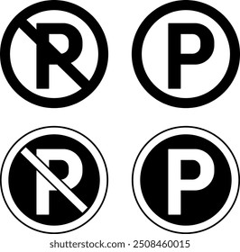 No Parking Signs. Black and White Vector Icons. Prohibitory Road Sign