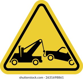 No parking and stopping sign. Illegally parked vehicles will be towed away with payment of expenses. Cars will be forcibly towed. Warning yellow triangle road sign.