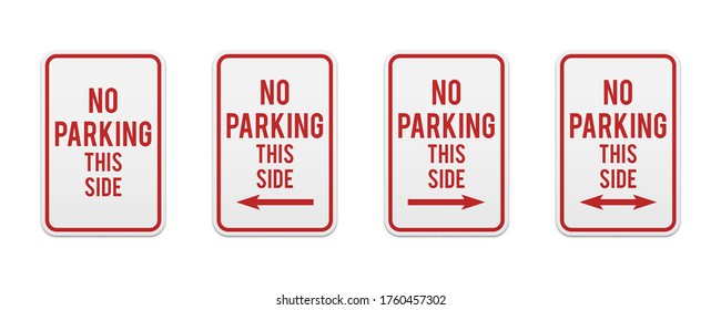 No parking this side. Set of classic road and street signs. Vector elements for production, graphic design, posters or information materials. Collection of parking and traffic safety signs.