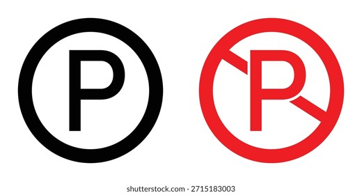 Vector de señal de tráfico sin estacionamiento: símbolo de prohibición de círculo rojo con letra P, ilustración de seguridad vial y advertencia