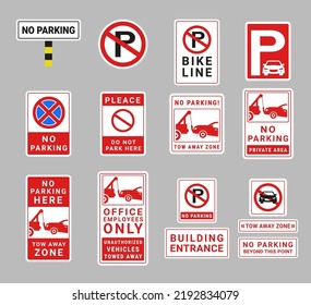 No parking urban transport traffic warning rule road sign set realistic vector illustration. Red and white outdoor signboard restriction city transportation regulation area automobile prohibition zone