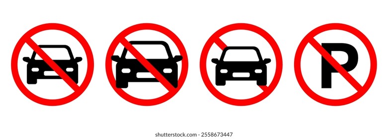 No parking vector signs set. Don't park here icon. No car sign. Parking prohibited symbol. No cars allowed sign red circle line vector isolated illustration. 