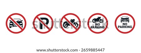No Parking Zone: Red Circle Signs, Car, Motorcycle, Parking Symbol, Vector Illustration