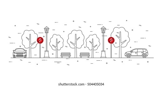 No parking zone vector illustration. No parking area creative concept. No parking zone with cars, trees and red road signs graphic design.
