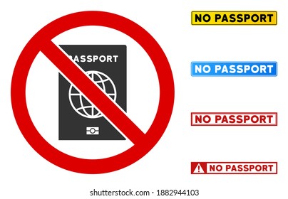 Kein Passzeichen mit Titeln in rechteckigen Rahmen. Der Illustrationsstil ist ein flaches Symbol in einem roten Kreuz auf weißem Hintergrund. Einfaches No Passport-Vektorzeichen, entwickelt für Regeln,
