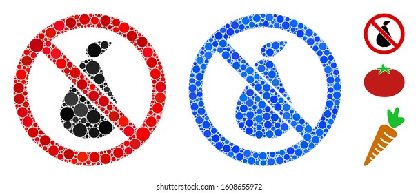 No pear mosaic of small circles in variable sizes and color tints, based on no pear icon. Vector filled circles are united into blue mosaic. Dotted no pear icon in usual and blue versions.
