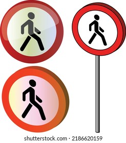 No pedestrians european red round prohibition road sign flat shiny volumized on the pole vector isolated