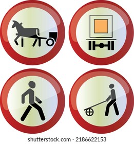 No pedestrians woth goods trolley horse-drawn transport vehicles with dangerous goods traffic is prohibited european red round prohibition road signs flat shiny vector isolated