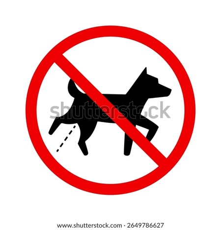 No peeing dog warning sign in red circle prohibition symbol. Clipart image isolated on background.