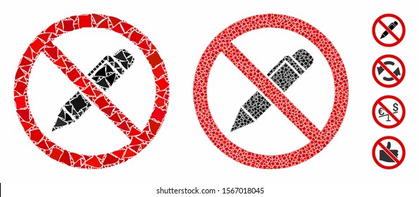 No pencil mosaic of uneven elements in various sizes and shades, based on no pencil icon. Vector abrupt elements are combined into collage. No pencil icons collage with dotted pattern.