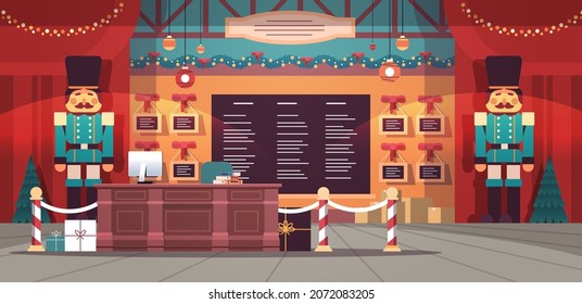 No People Decorated Santa Claus Factory Christmas New Year Winter Holidays Celebration Concept Workshop Interior