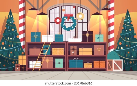 no people santa claus factory with gifts and decorated christmas tree new year winter holidays celebration concept