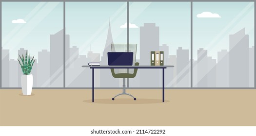 no hay personas trabajando espacio abierto o espacio de trabajo interior oficina inteligente trabajo de moda elegante lugar de trabajo con ventana panorámica horizontal vector ilustración plana