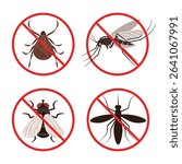 No pest or caution sign icon. Flies, mosquitoes, ticks.