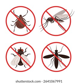 No pest or caution sign icon. Flies, mosquitoes, ticks.