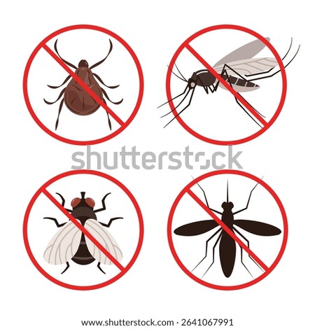 No pest or caution sign icon. Flies, mosquitoes, ticks.