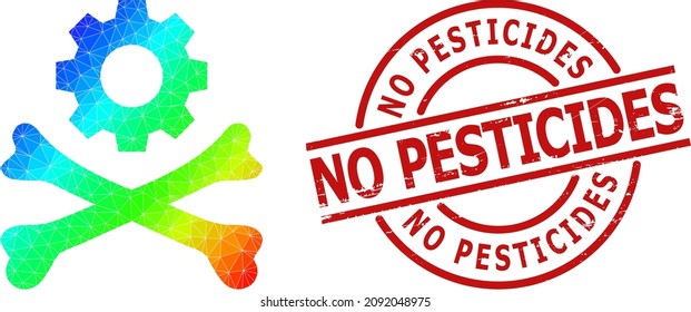 NO PESTICIDES dirty stamp imitation and lowpoly rainbow colored death mechanics icon with gradient. Red stamp seal includes No Pesticides tag inside circle and lines template.