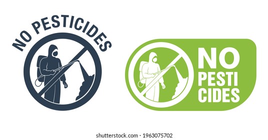 No pesticides prohibit monochrome sign - sign with crossed out person with sprayer and personal protective equipment. Danger free and poison free marking for healthy farm vegetables and food products