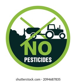 No pesticides prohibit sign - strikethrough tractor with mounted boom sprayer - icon for products composition and labeling
