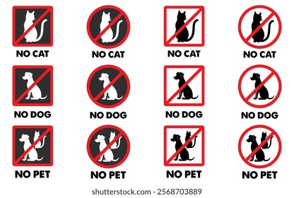 No pet no dog no cat sign symbol graphic icon set colorful vector buttons animal warning prohibited forbidden restaurant business