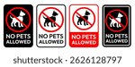 No pets allowed icon set. No pets allowed warning sign, logo, label, badge, sticker, symbol, red circle, stamp, black, line, flat vector, isolated illustration. No cat and dog prohibited signs.