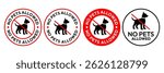 No pets allowed icon set. No pets allowed warning sign, logo, label, badge, sticker, symbol, red circle, stamp, black, line, flat vector, isolated illustration. No cat and dog prohibited signs.