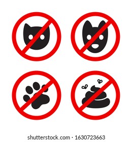 No pets allowed icon set. Cat and dog face icon in crossed red circle, animal paw print, dog poop. Simple stylized signs, black silhouette pictograms. Vector illustration.