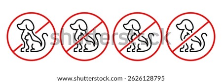 No pets allowed icon set. No pets allowed warning sign, logo, label, badge, sticker, symbol, red circle, stamp, black, line, flat vector, isolated illustration. No cat and dog prohibited signs.