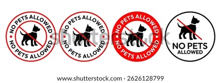 No pets allowed icon set. No pets allowed warning sign, logo, label, badge, sticker, symbol, red circle, stamp, black, line, flat vector, isolated illustration. No cat and dog prohibited signs.
