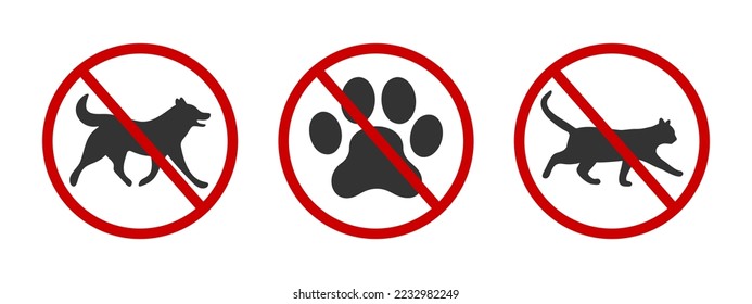 No pets allowed icons. Domestic animals walking ban zone signs. Dogs or cats forbidden labels for parks, hotels, restaurants isolated on white background. Vector graphic illustration