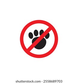 No pets allowed. Paw pads and ban signs. Animal tracks and stop sign. Vectors.