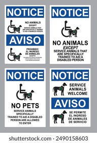 No Pets Allowed. Service Dogs Are Welcome sign. Wheelchair Accessible icon. Guide dogs welcome sign. Support, assistance animal.