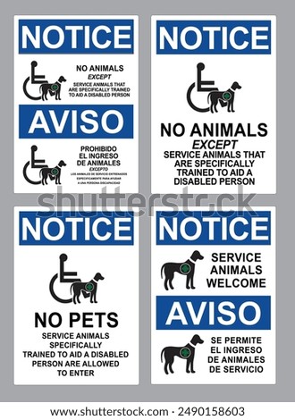 No Pets Allowed. Service Dogs Are Welcome sign. Wheelchair Accessible icon. Guide dogs welcome sign. Support, assistance animal.