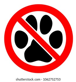 No pets allowed sign. Black cat or dog paw footprint in red crossed circle symbol.