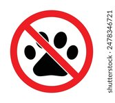 No pets and animals allowed red prohibited ban symbol footprint marks in black color. No animal sign vector set. Red prohibition sign with no pets. Warning sticker. Forbidden label.