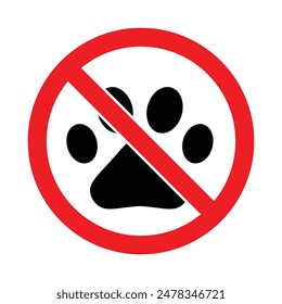 No se permiten mascotas ni animales prohibidos rojos símbolo de prohibición marcas de huellas en color negro. No hay Vector de animales. Signo de prohibición rojo sin mascotas. Etiqueta de advertencia. Etiqueta prohibida.