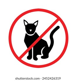 No pets, animals, cats or dog sign age icon illustration with red cross isolated on square white background. Simple flat poster graphic design for prints.