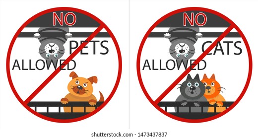 No pets/ cats allowed - funny prohibition signs set with cute characters - grey cat and red funny dog or puppy and three cats. Comic stickers in red circle. White background.
