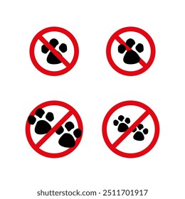No pets icon. Paw print prohibition. Red circle warning sign. Animal restriction symbol.