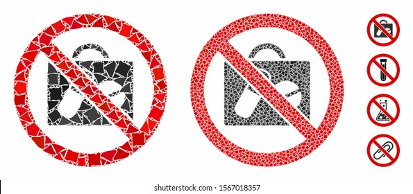 No pharmacy composition of joggly pieces in various sizes and shades, based on no pharmacy icon. Vector irregular pieces are grouped into illustration. No pharmacy icons collage with dotted pattern.