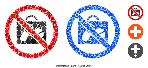 No pharmacy mosaic of small circles in various sizes and shades, based on no pharmacy icon. Vector small circles are composed into blue mosaic. Dotted no pharmacy icon in usual and blue versions.