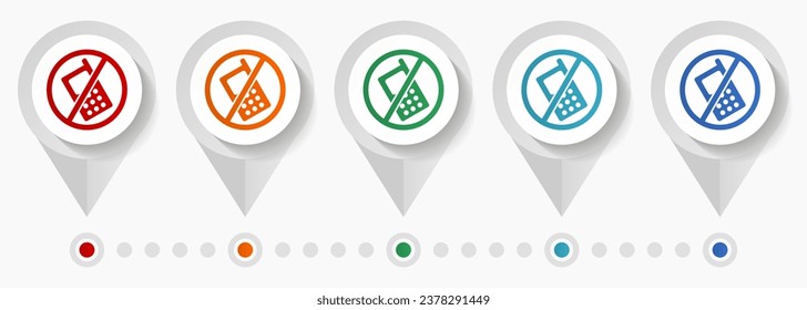 Keine Handy-Concept-Vektorsymbole, bearbeitbare Infografik-Vorlage, Satz von bunten Flachdesign-Zeigern