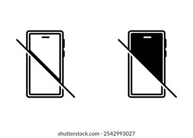 no phone icon, cellphone prohibited, off mobile please, stop using device, ban zone, thin line symbol on white background 