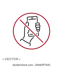 no phone icon, no mobile zone, no cell phone, cellphone prohibited, stop using device, off mobile please concept, thin line symbol isolated on white background, editable stroke eps 10 vector