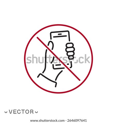 no phone icon, no mobile zone, no cell phone, cellphone prohibited, stop using device, off mobile please concept, thin line symbol isolated on white background, editable stroke eps 10 vector