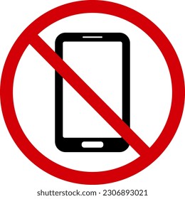 No phone sign. Prohibition sign, do not use the phone. Red slashed circle with phone silhouette inside. Call ban. Round red stop phone sign. No mobile.