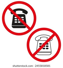 No phone sign. Vector prohibition symbol. Red and black telephone ban. Communication restriction.